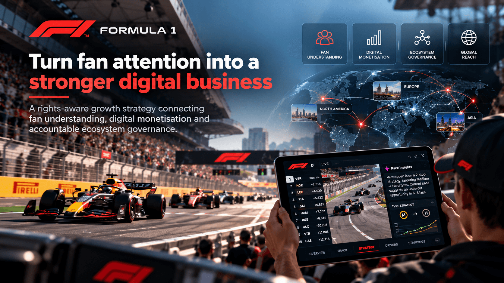 Formula One cars on track beside a fan race-data dashboard.