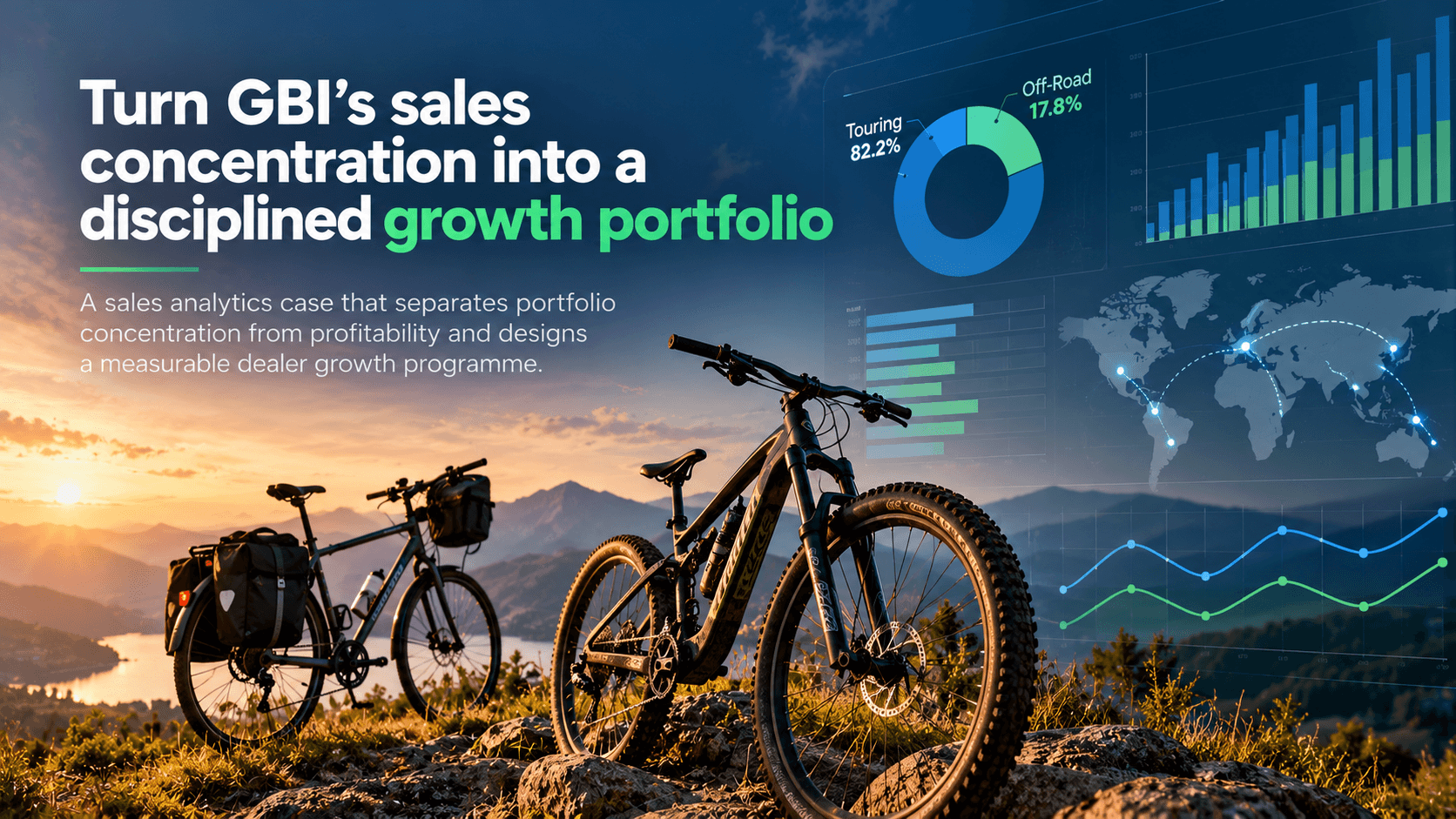 Touring and off-road bicycles against mountains with sales charts.