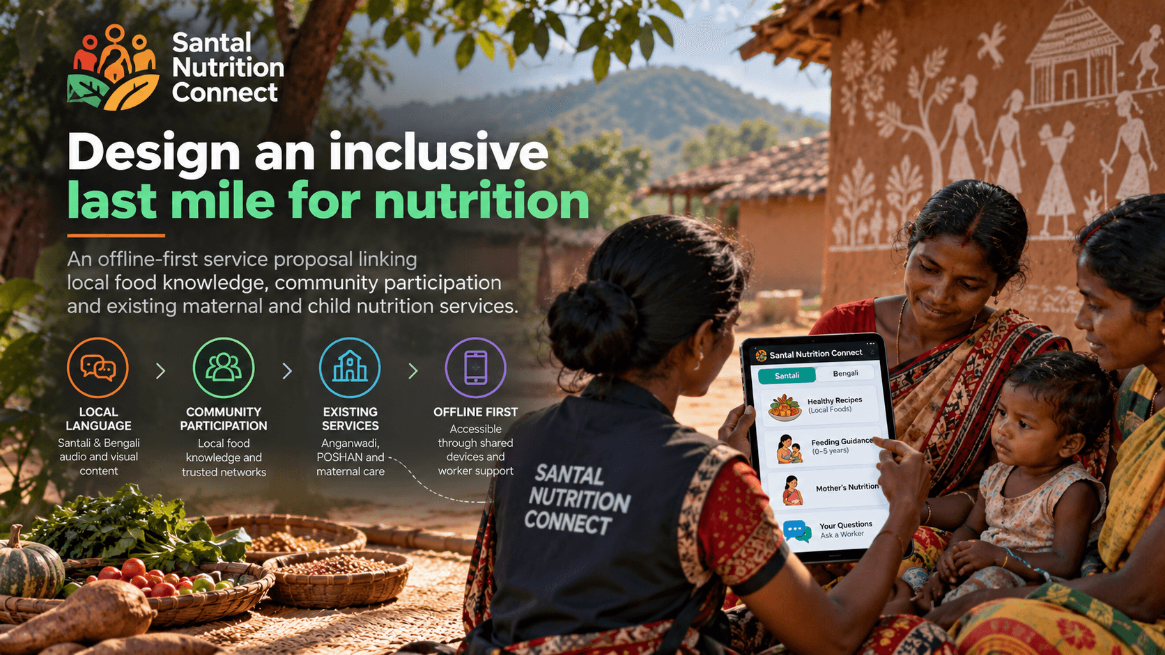 A mother and child in a rural setting beside a mobile nutrition service concept.