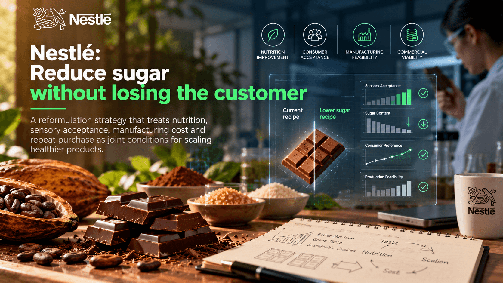 Chocolate and ingredients beside a product reformulation display.