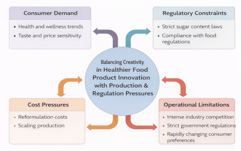 Academic diagram connecting healthier food innovation with consumer demand, regulatory constraints, reformulation costs and operational limitations.